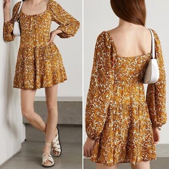 Faithful The Brand Indira Paisley Print Mini Dress Yellow Long Sleeve Sz XS - Picture 1 of 7